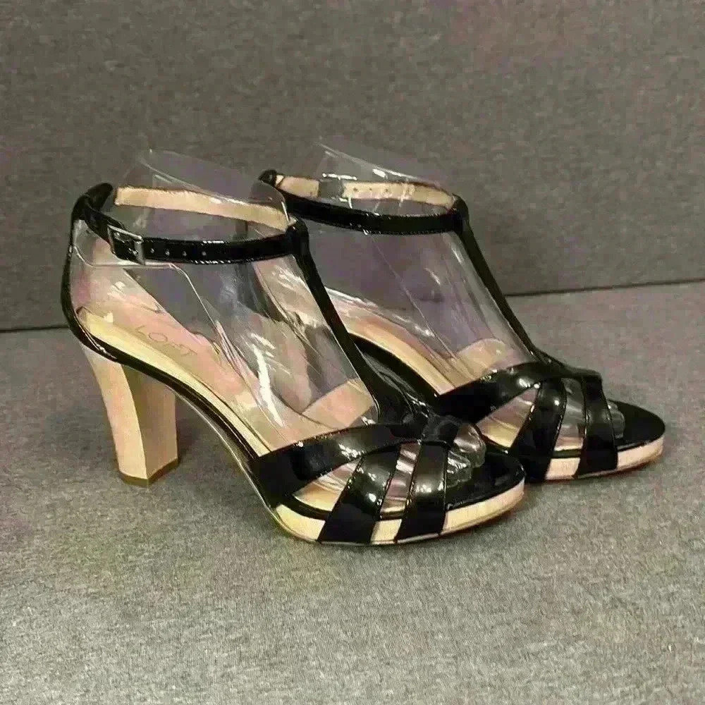 Ann Taylor LOFT Black Patent Leather Heeled T-Strap Sandal Women Sz 6.5 - Picture 2 of 11